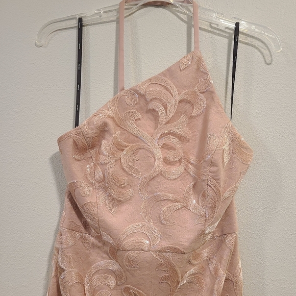 Vera Wang Asymmetric Sequin Lace Blush Midi Dress - Picture 5 of 8
